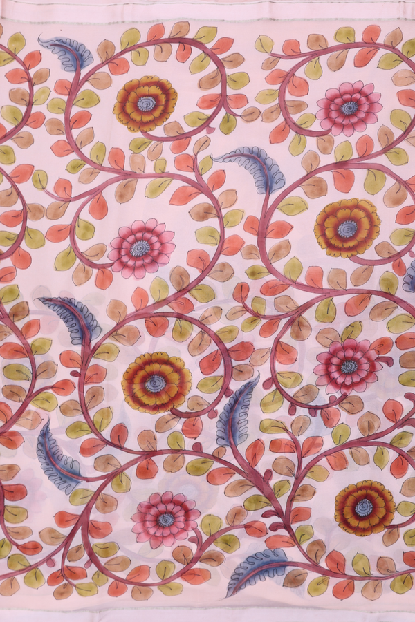 Chiffon Saree In Pale Pink With Floral Hand Painted Design
