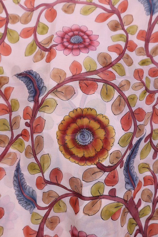 Chiffon Saree In Pale Pink With Floral Hand Painted Design