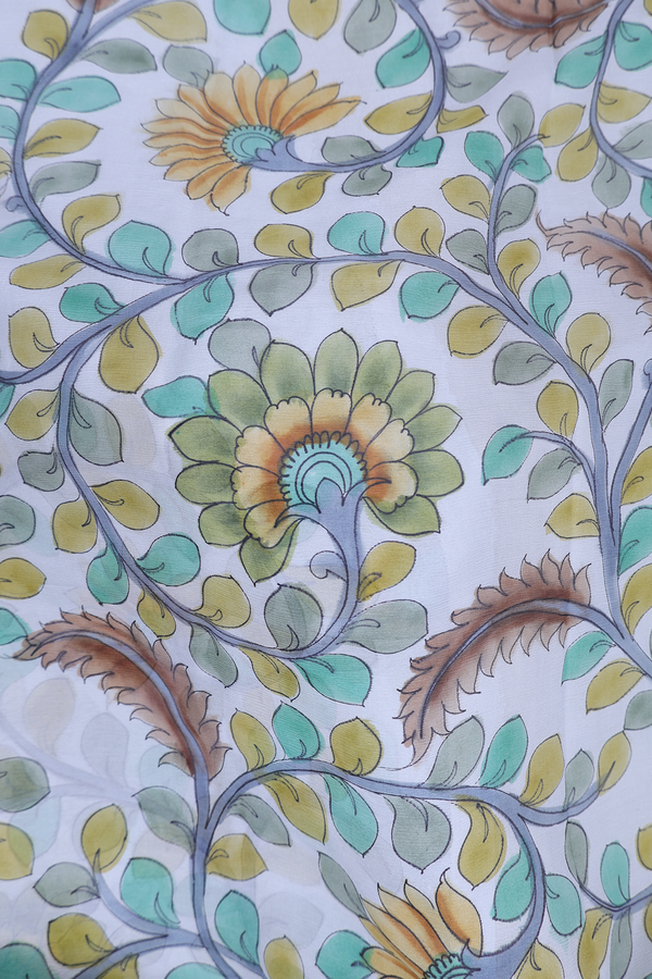 Chiffon Saree In Light Grey With Leaf Design