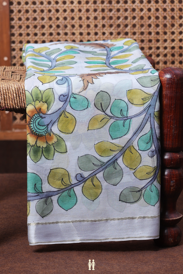 Chiffon Saree In Light Grey With Leaf Design