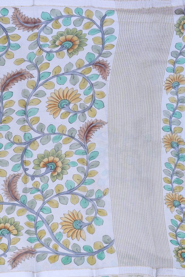Chiffon Saree In Light Grey With Leaf Design