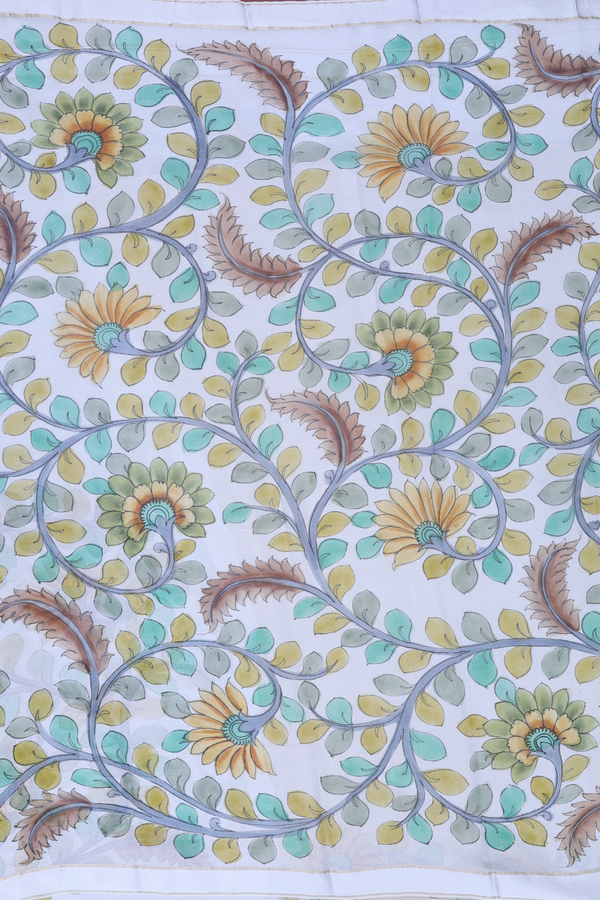 Chiffon Saree In Light Grey With Leaf Design