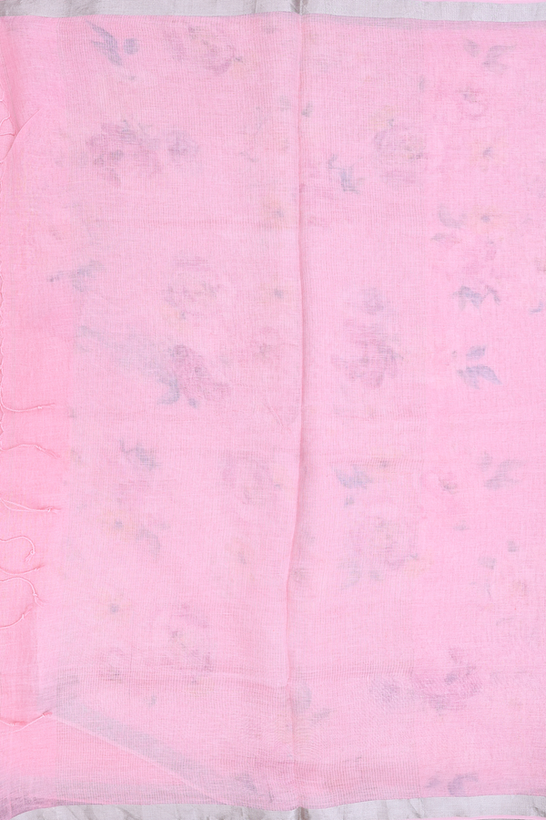 Linen Saree In Pink With Zari Border