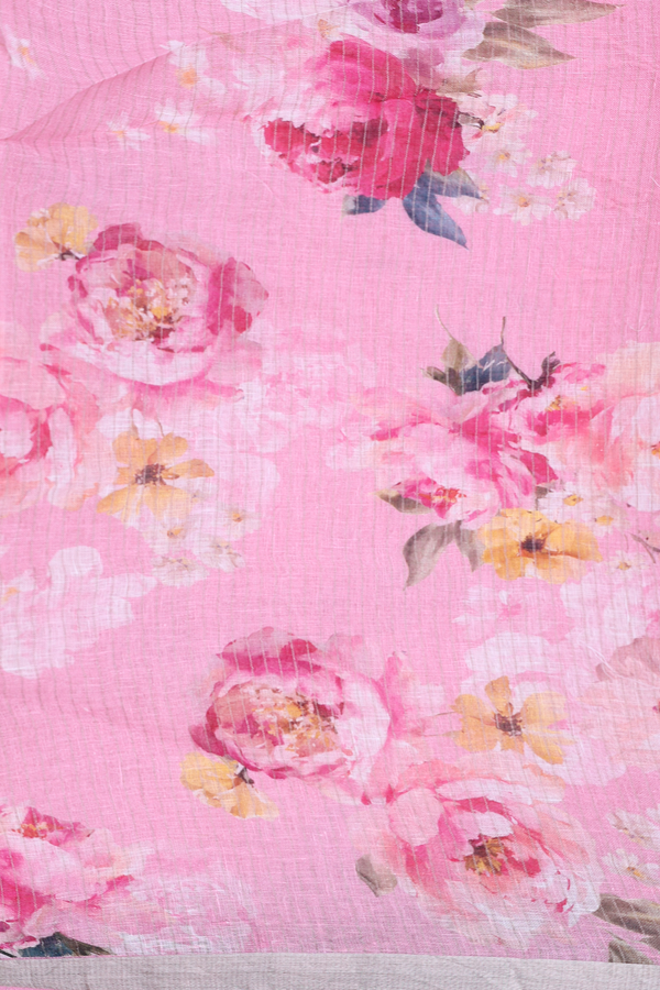 Linen Saree In Pink With Zari Border
