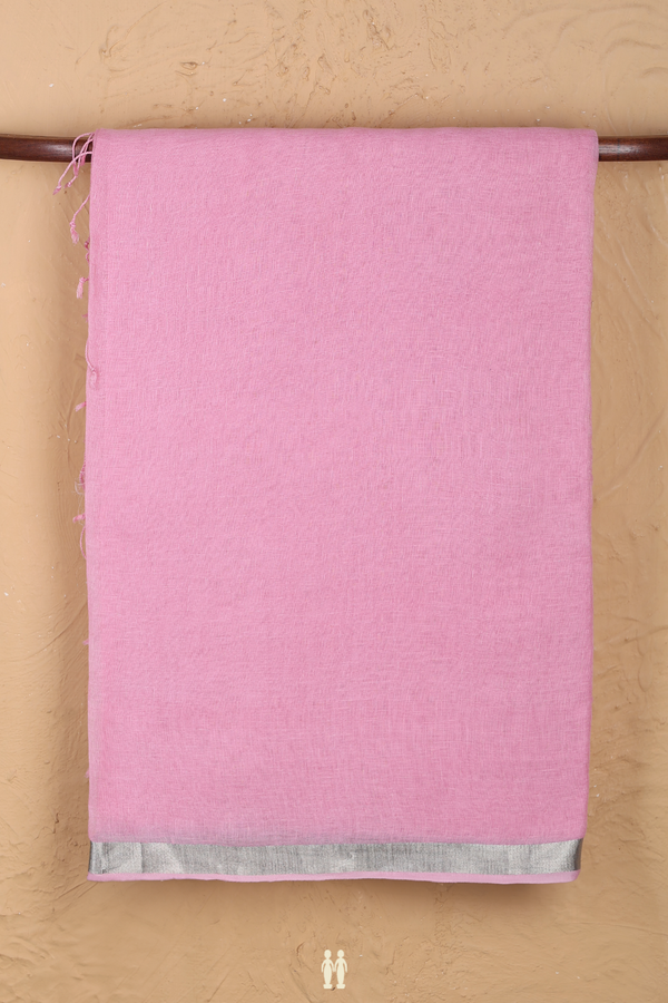 Linen Saree In Pink With Zari Border