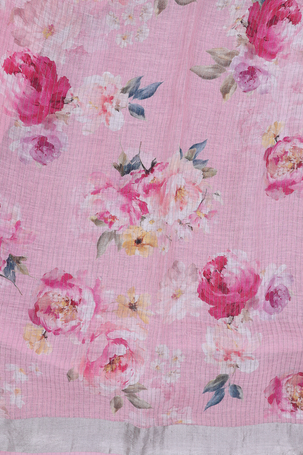 Linen Saree In Pink With Zari Border