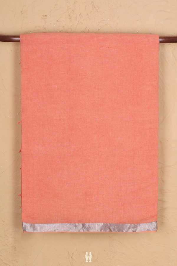 Linen Saree In Melon Orange With Zari Border