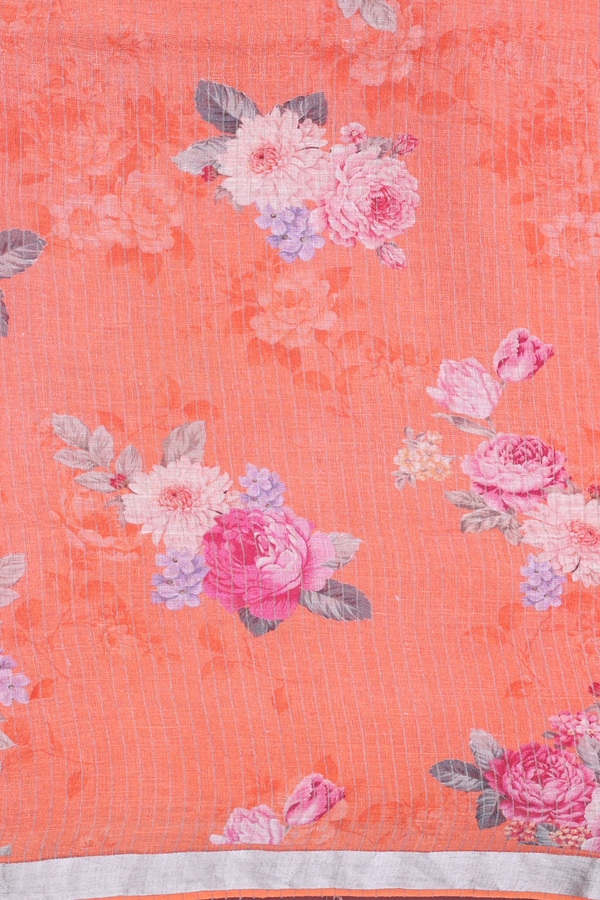 Linen Saree In Melon Orange With Zari Border