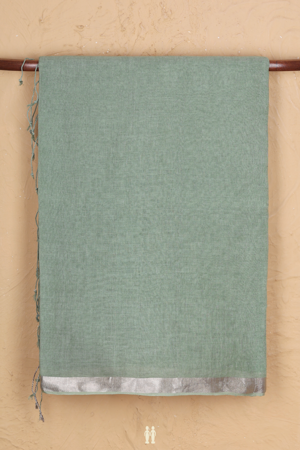 Linen Saree In Sage Green With Zari Border