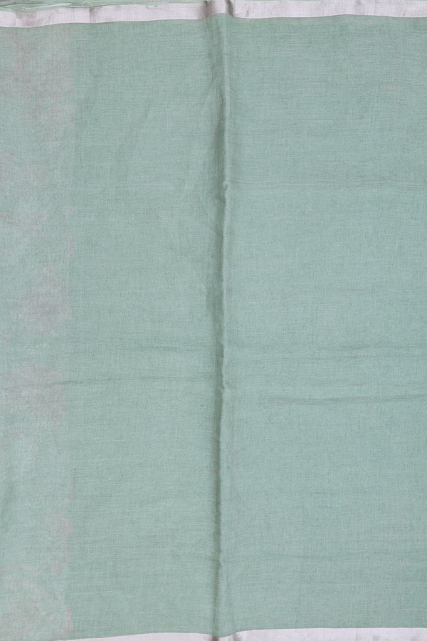 Linen Saree In Sage Green With Zari Border