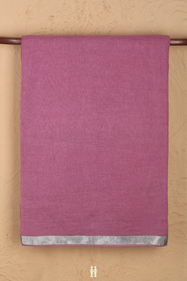 Linen Saree In Dark Mauve With Zari Border