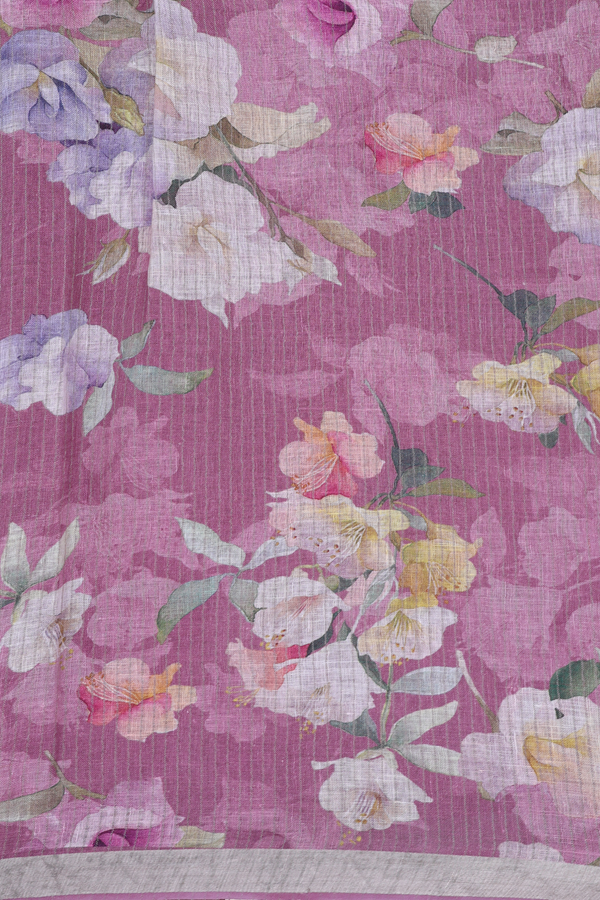 Linen Saree In Dark Mauve With Zari Border