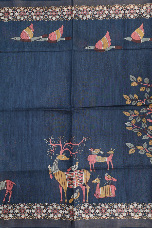 Tussar Madhubani Silk Saree In Prussian Blue With Deer