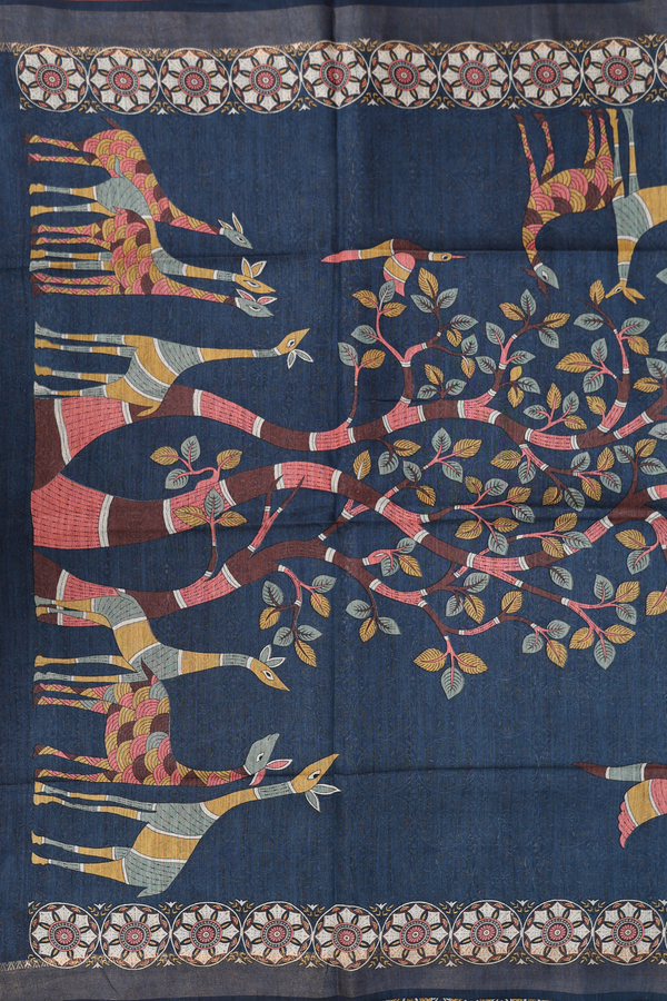 Tussar Madhubani Silk Saree In Prussian Blue With Deer