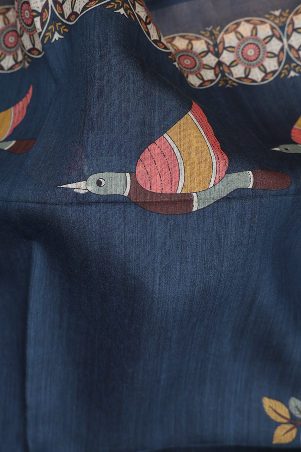Tussar Madhubani Silk Saree In Prussian Blue With Deer Design