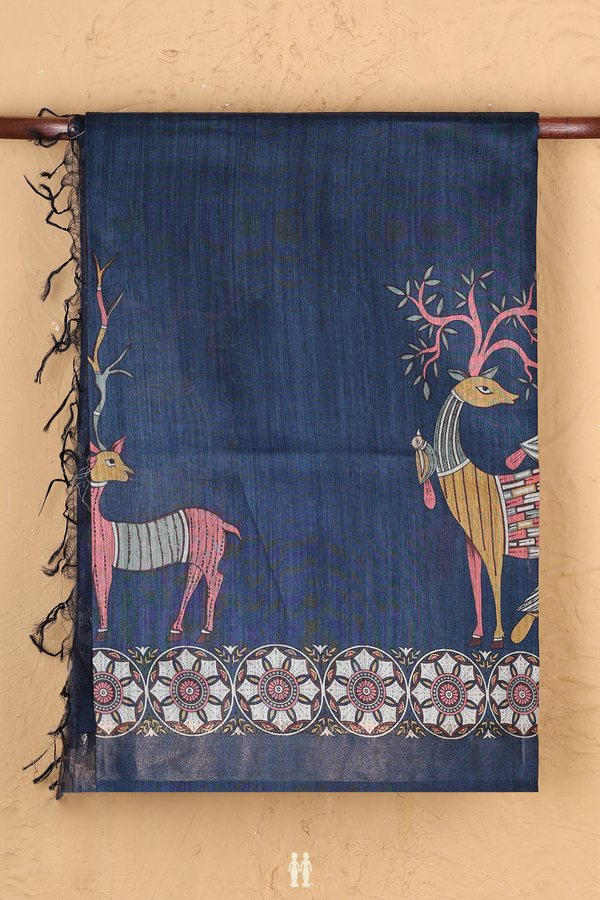 Tussar Madhubani Silk Saree In Prussian Blue With Deer Design