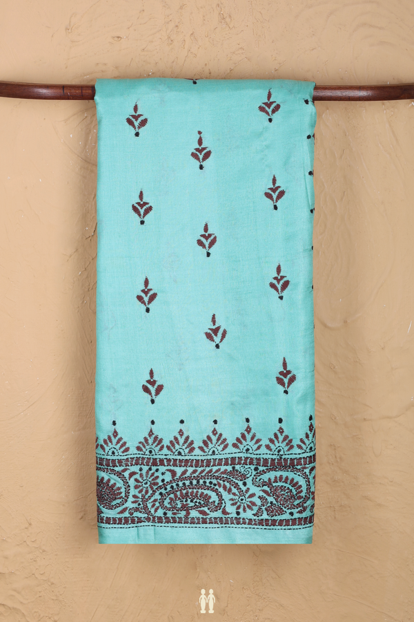 Tussar Silk Saree In Tiffany Blue With Threadwork Buttas