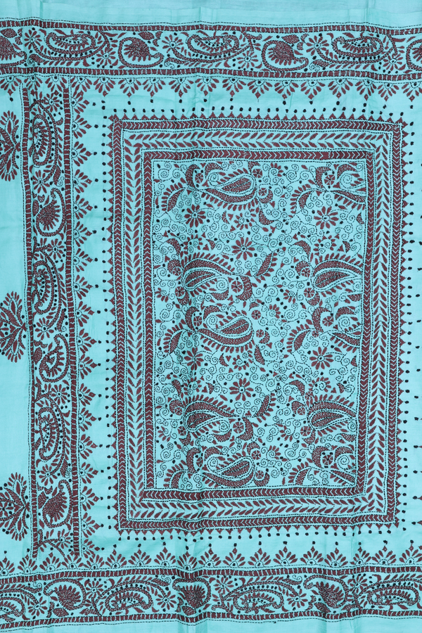 Tussar Silk Saree In Tiffany Blue With Threadwork Buttas