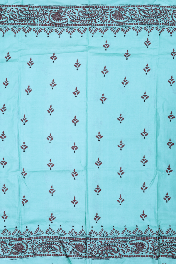 Tussar Silk Saree In Tiffany Blue With Threadwork Buttas