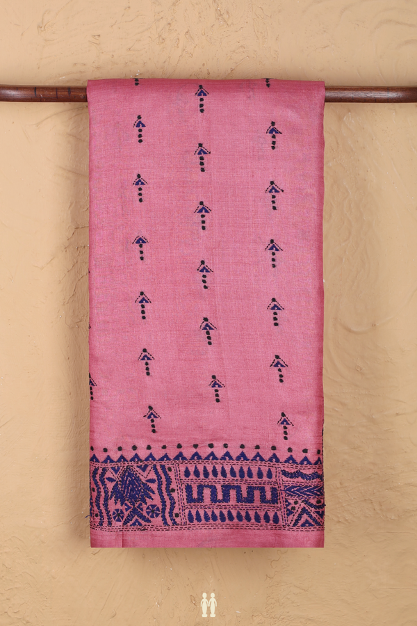 Tussar Silk Saree In Pink With Embroidered Buttas