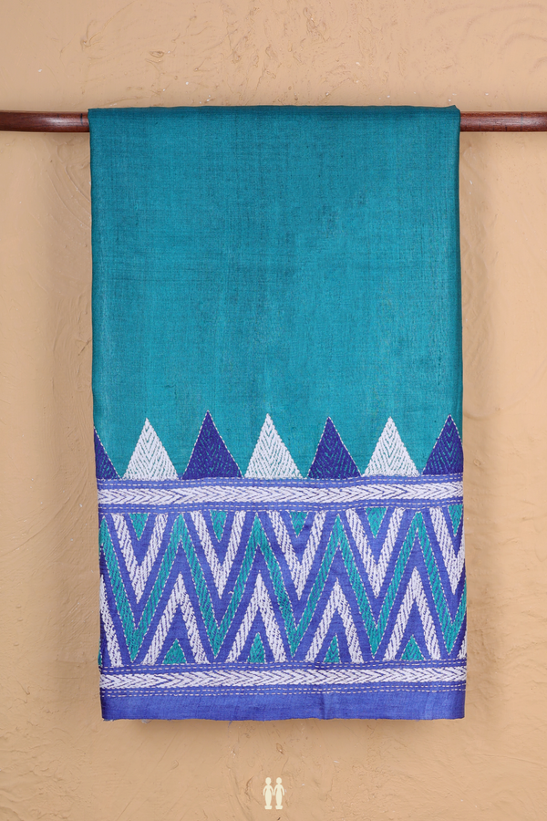 Tussar Silk Saree In Peacock Green With Threadwork Border