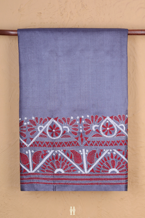 Tussar Silk Saree In Charcoal Grey With Threadwork Border