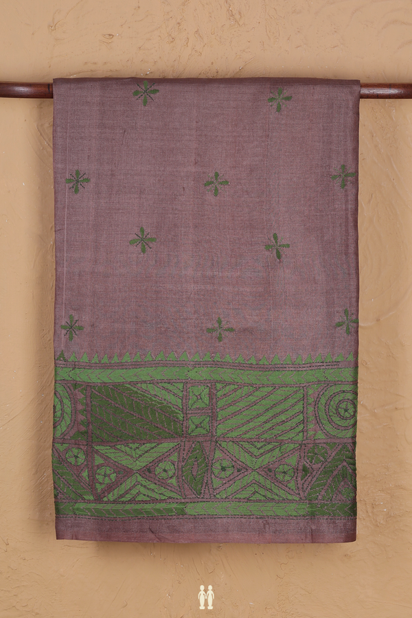 Tussar Silk Saree In Brown With Threadwork Buttas