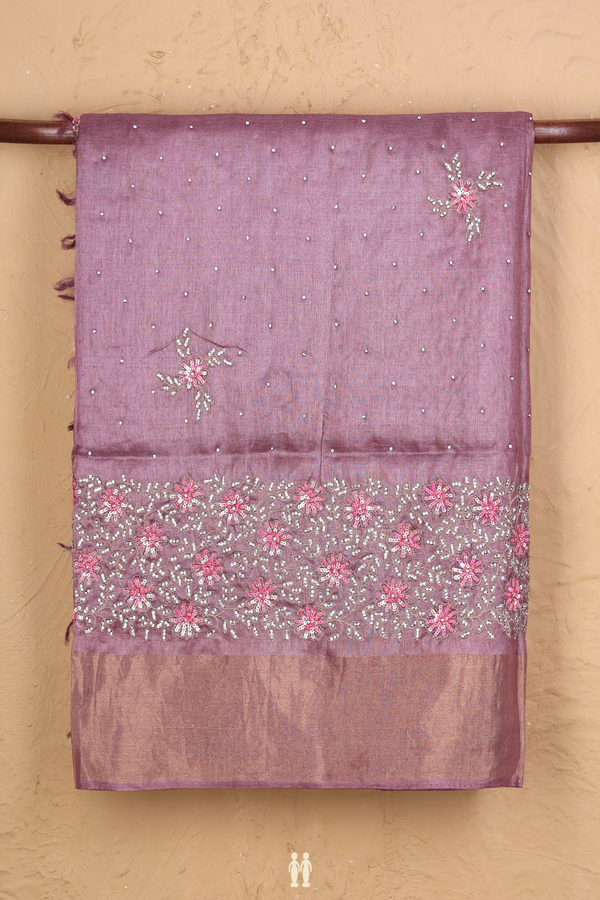 Tussar Silk Saree In Dusty Mulberry With Floral Buttas
