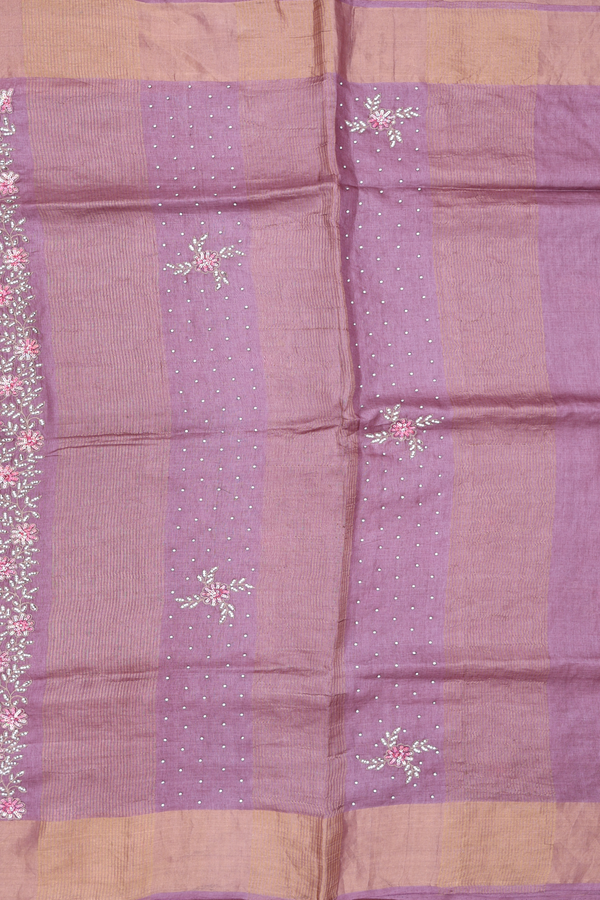 Tussar Silk Saree In Dusty Mulberry With Floral Buttas