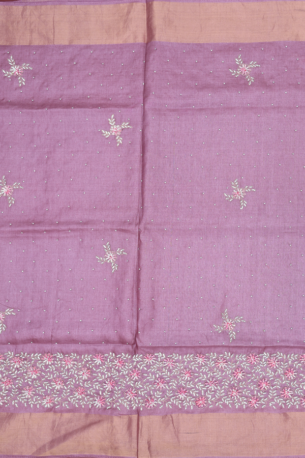 Tussar Silk Saree In Dusty Mulberry With Floral Buttas