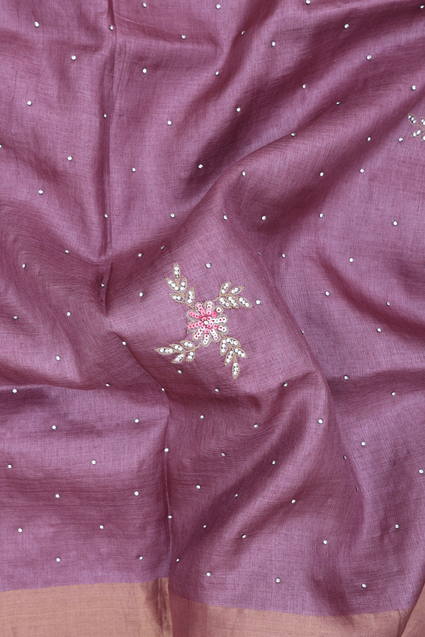 Tussar Silk Saree In Dusty Mulberry With Floral Buttas