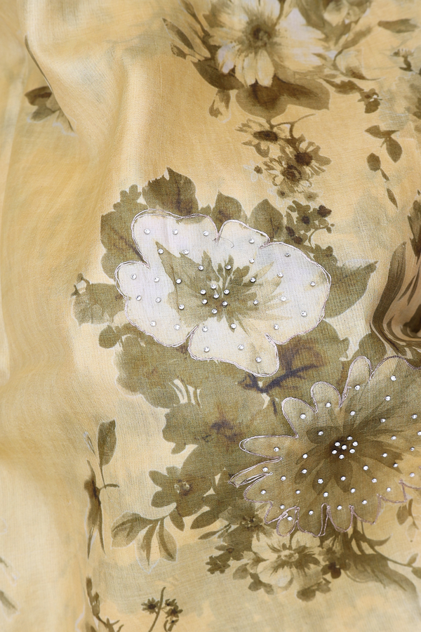 Tussar Silk Saree In Yellow With Floral Design