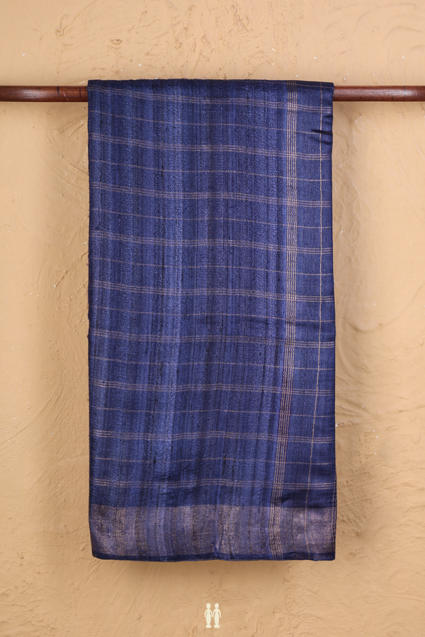 Tussar Silk Saree In Royal Blue With Checks Design