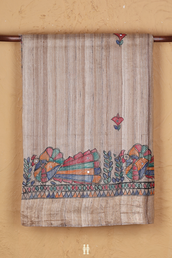 Tussar Madhubani Silk Saree Cream Color With Floral Buttas