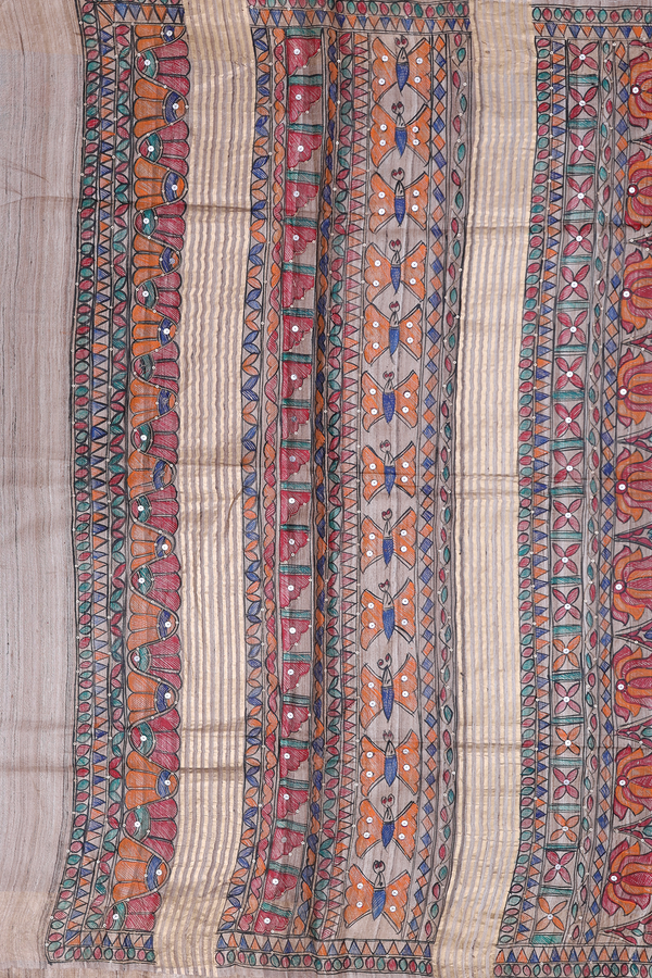 Tussar Madhubani Silk Saree Cream Color With Floral Buttas