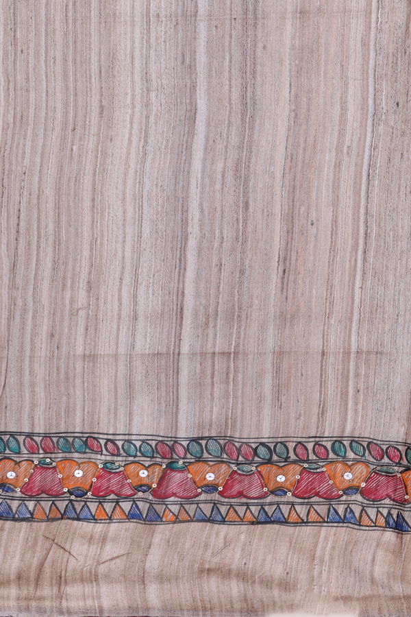 Tussar Madhubani Silk Saree Cream Color With Floral Buttas