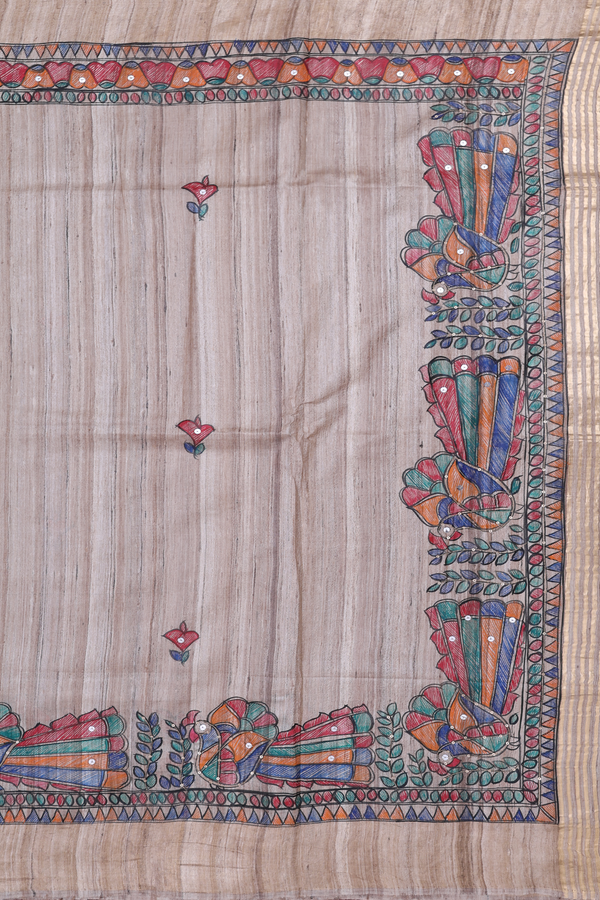 Tussar Madhubani Silk Saree Cream Color With Floral Buttas