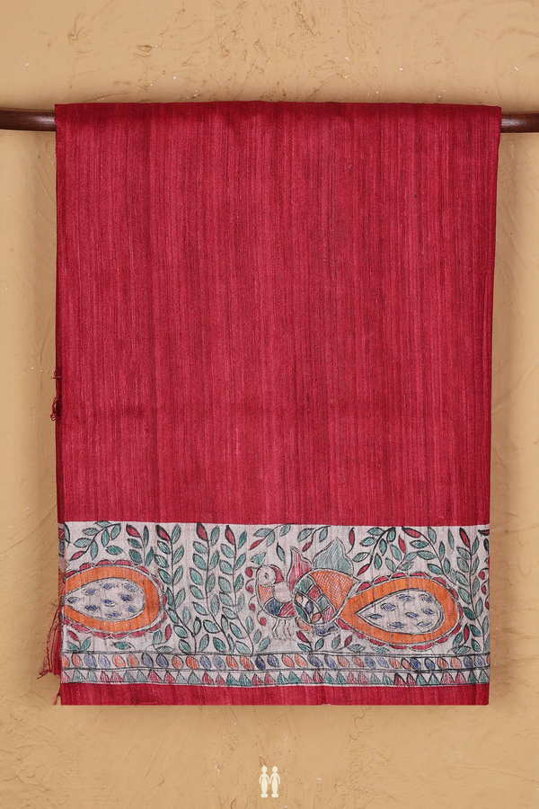 Tussar Madhubani Silk Saree In Plain Red With Peacock Border