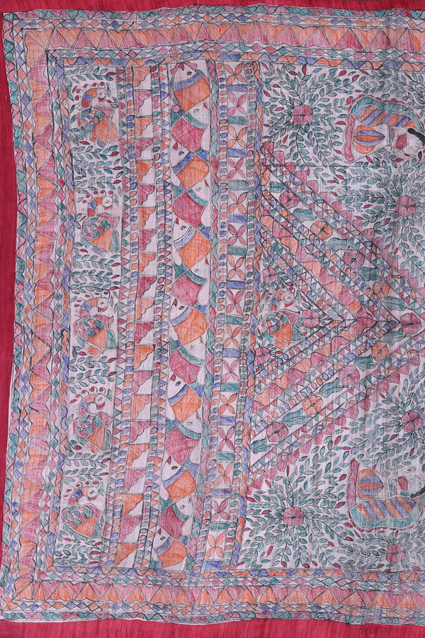 Tussar Madhubani Silk Saree In Plain Red With Peacock Border