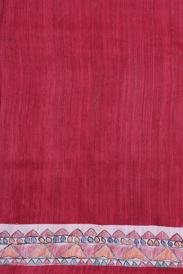 Tussar Madhubani Silk Saree In Plain Red With Peacock Border