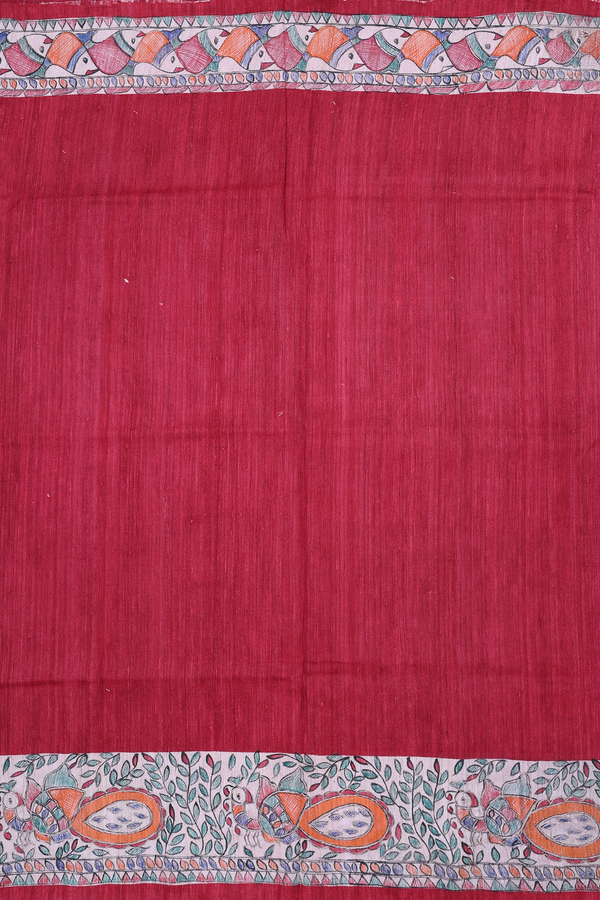 Tussar Madhubani Silk Saree In Plain Red With Peacock Border