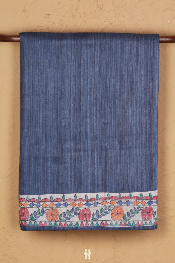 Tussar Silk Saree Pigeon Blue With Madhubani Border