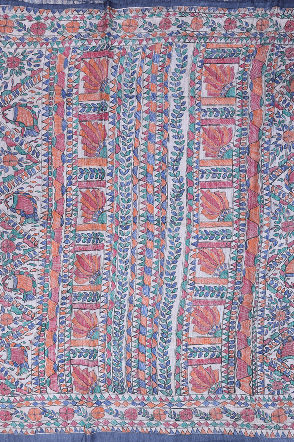 Tussar Silk Saree Pigeon Blue With Madhubani Border