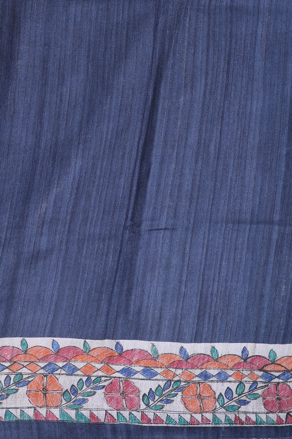 Tussar Silk Saree Pigeon Blue With Madhubani Border
