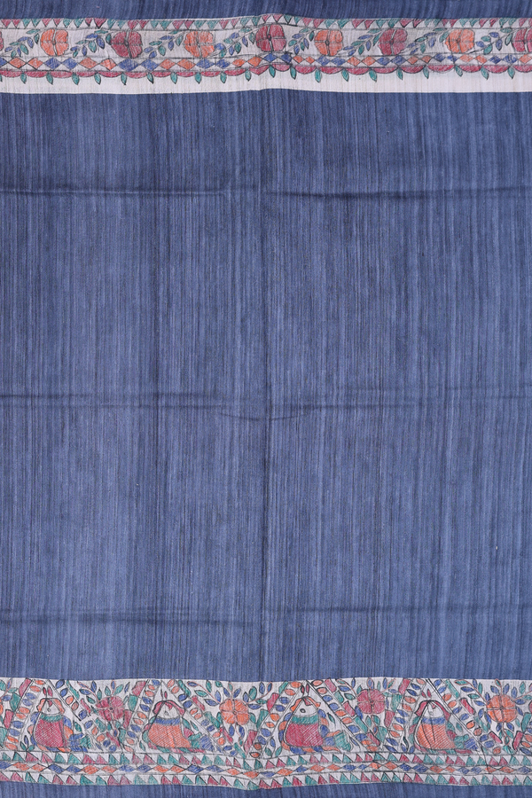 Tussar Silk Saree Pigeon Blue With Madhubani Border