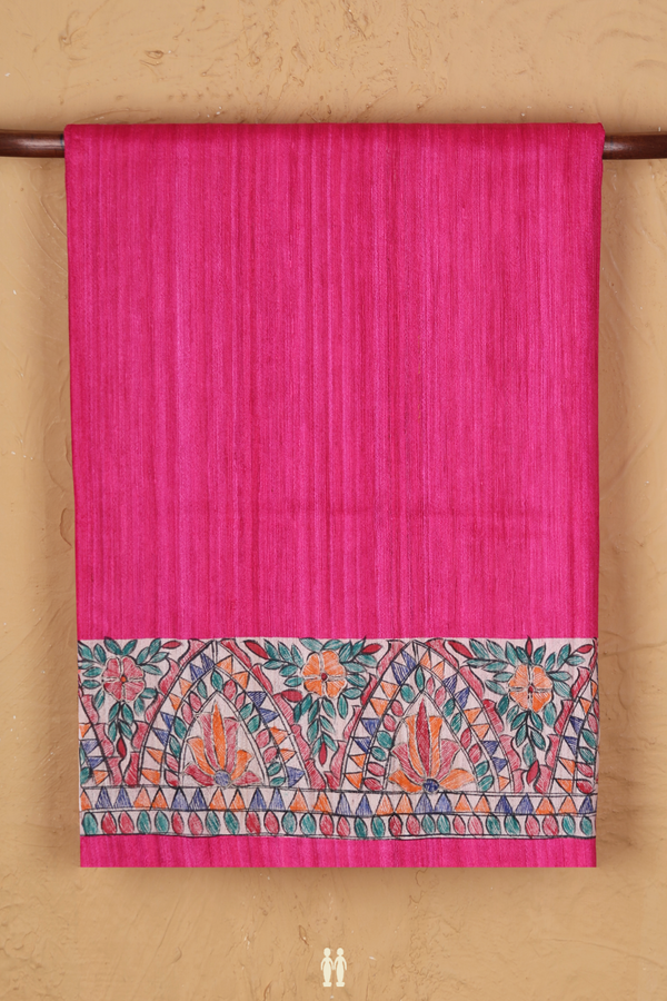 Tussar Silk Saree In Plain Pink With Madhubani Border