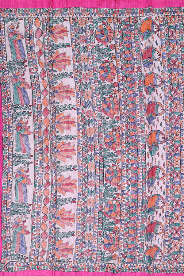 Tussar Silk Saree In Plain Pink With Madhubani Border
