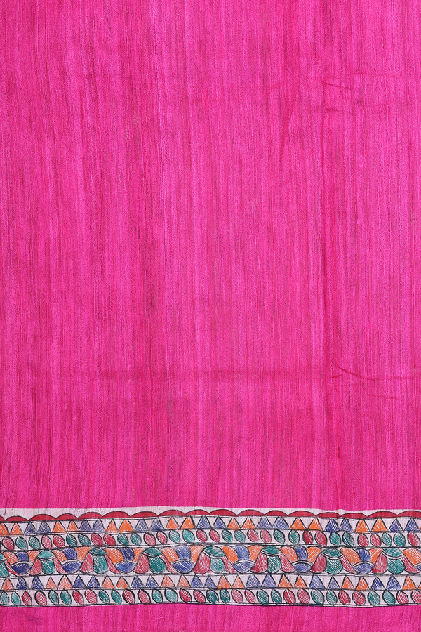 Tussar Silk Saree In Plain Pink With Madhubani Border