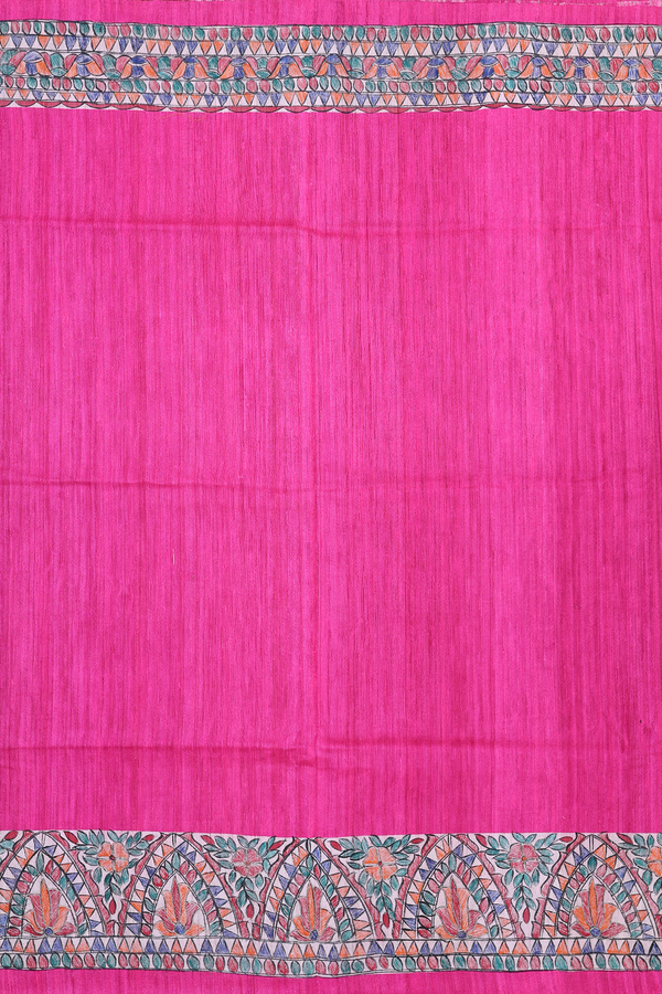 Tussar Silk Saree In Plain Pink With Madhubani Border