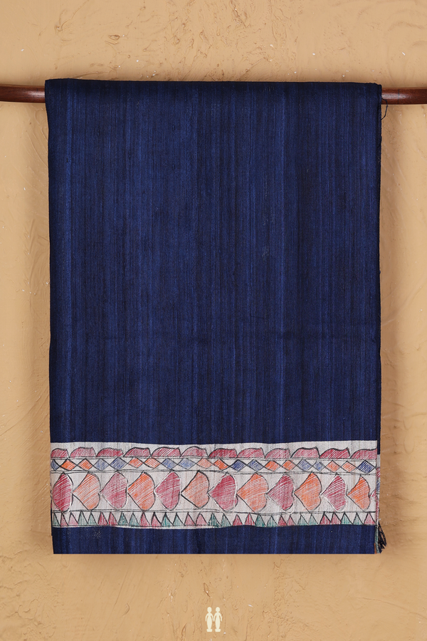 Tussar Madhubani Silk Saree Plain Blue With Contrast Border
